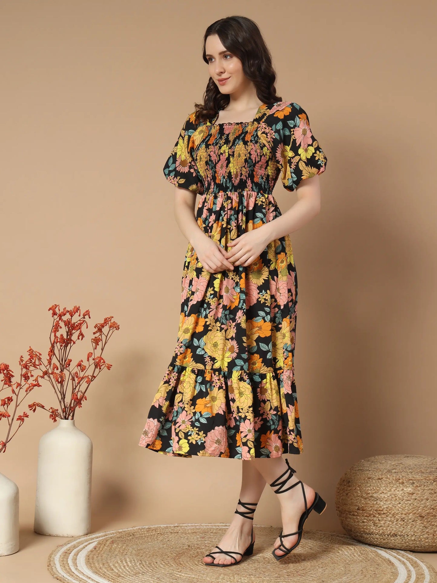 ZWERLON Rayon Printed Midi Women's Fit & Flare Dress - Yellow ( Pack of 1 )