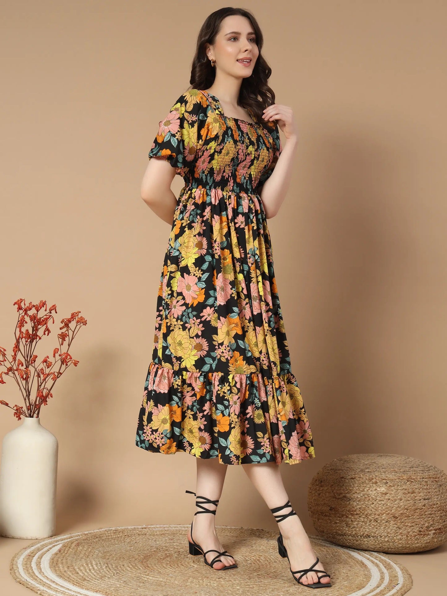 ZWERLON Rayon Printed Midi Women's Fit & Flare Dress - Yellow ( Pack of 1 )
