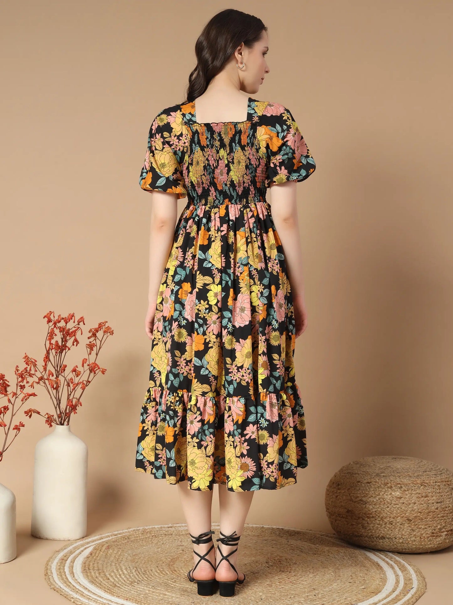 ZWERLON Rayon Printed Midi Women's Fit & Flare Dress - Yellow ( Pack of 1 )