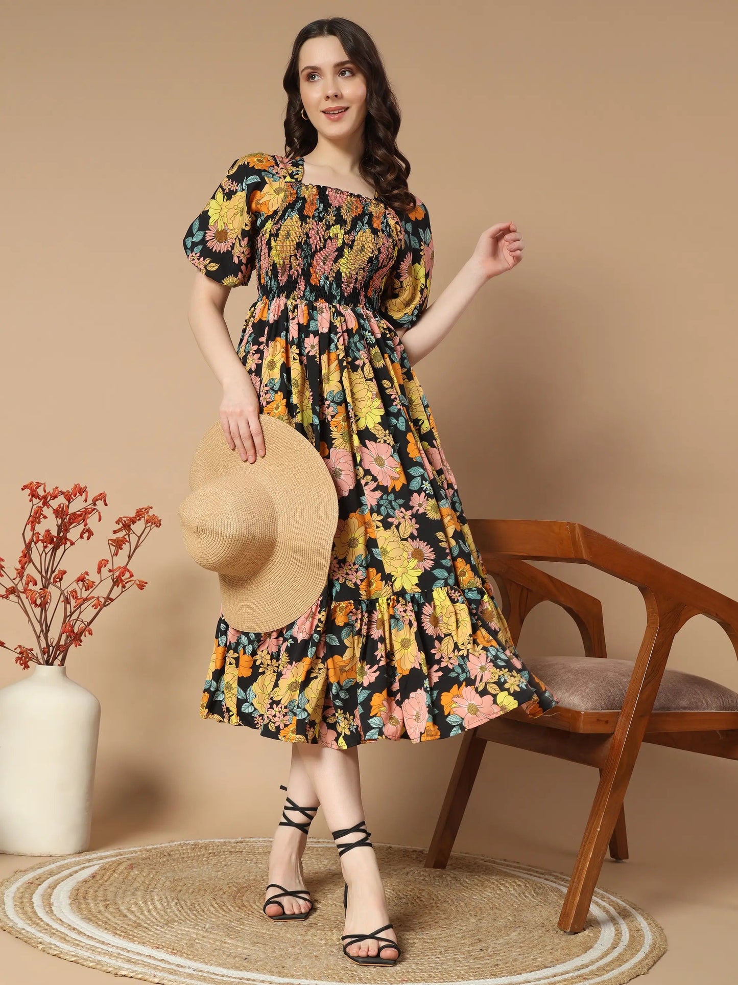 ZWERLON Rayon Printed Midi Women's Fit & Flare Dress - Yellow ( Pack of 1 )