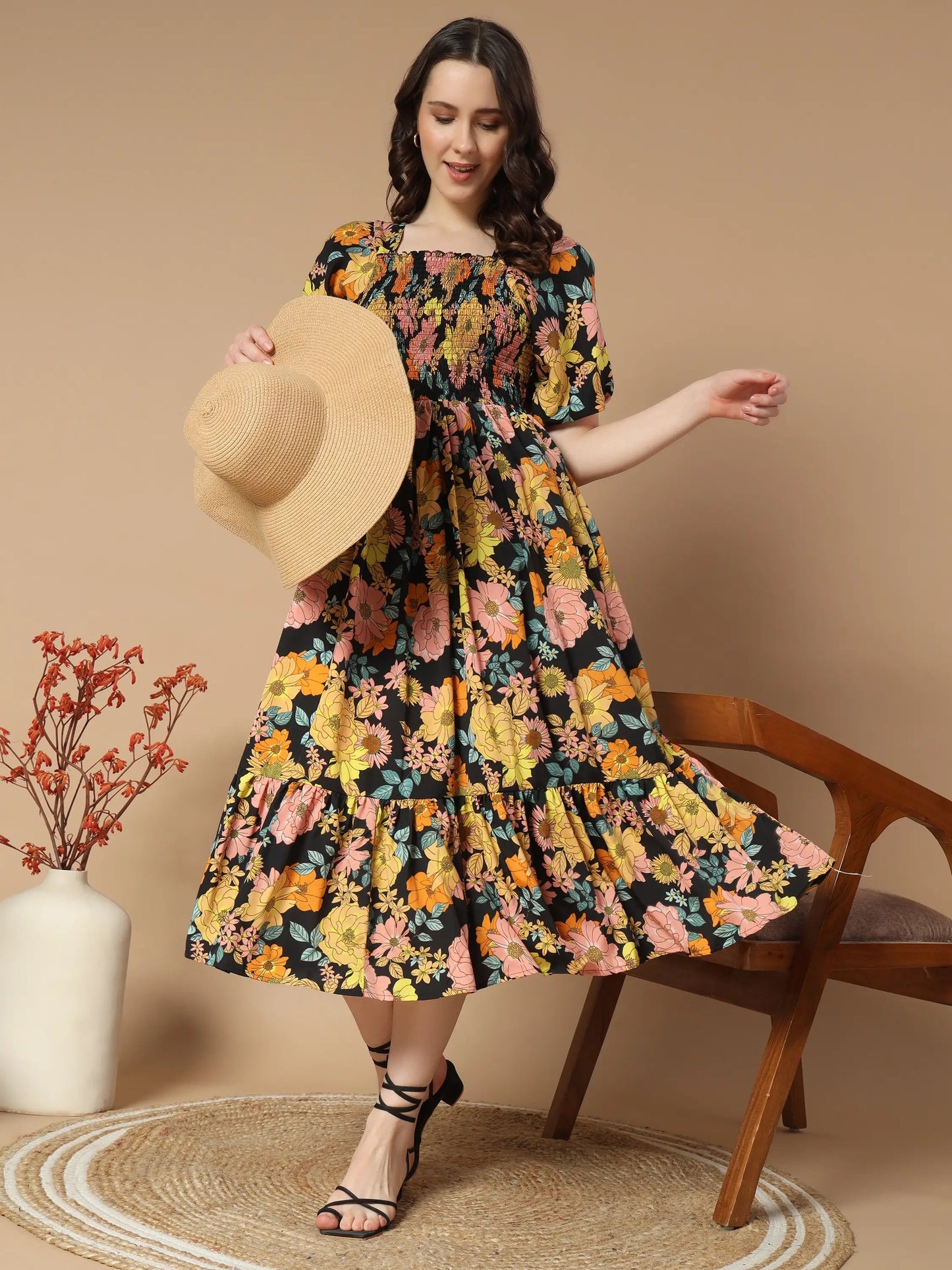 ZWERLON Rayon Printed Midi Women's Fit & Flare Dress - Yellow ( Pack of 1 )