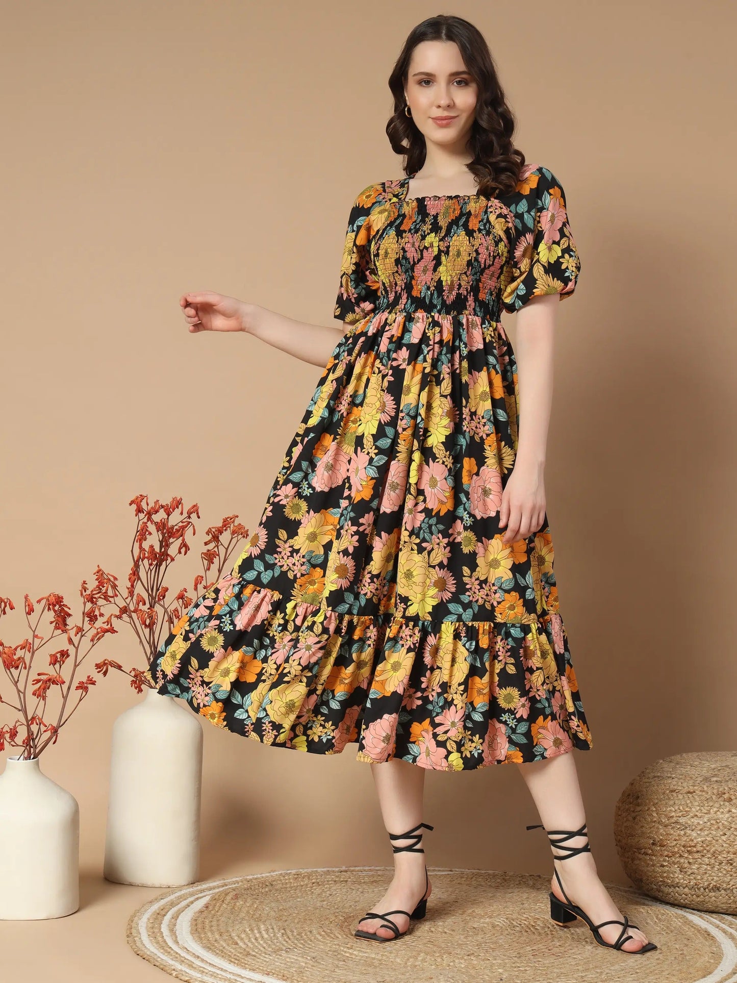 ZWERLON Rayon Printed Midi Women's Fit & Flare Dress - Yellow ( Pack of 1 )