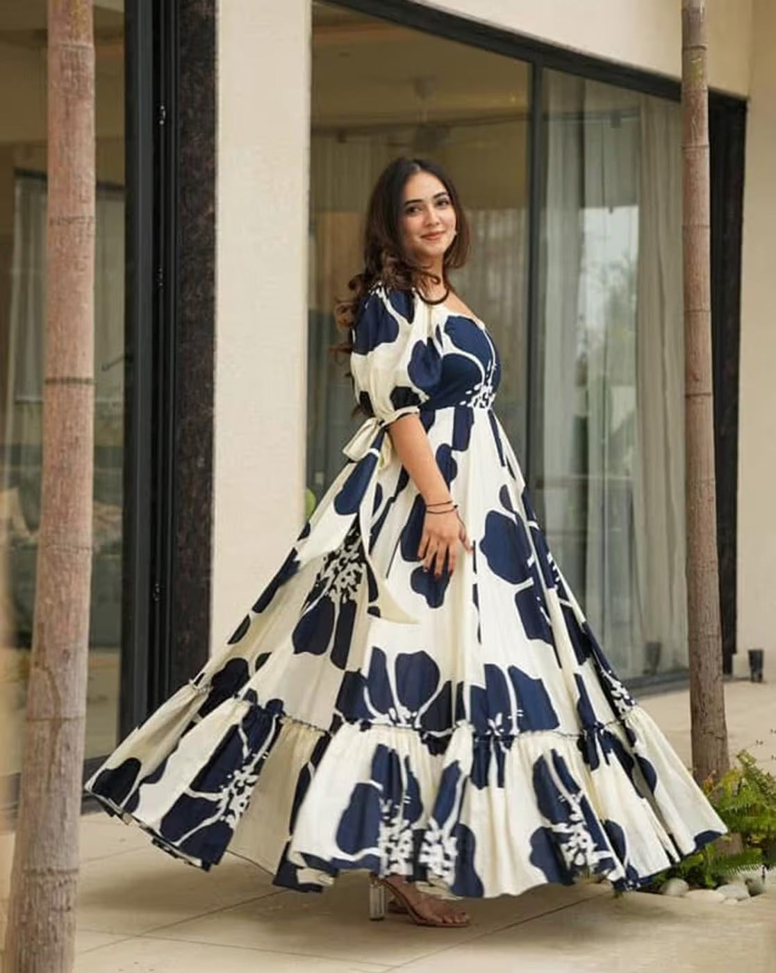 Women Floral Print Anarkali Gown Dress