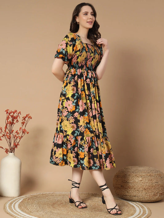 ZWERLON Rayon Printed Midi Women's Fit & Flare Dress - Yellow ( Pack of 1 )