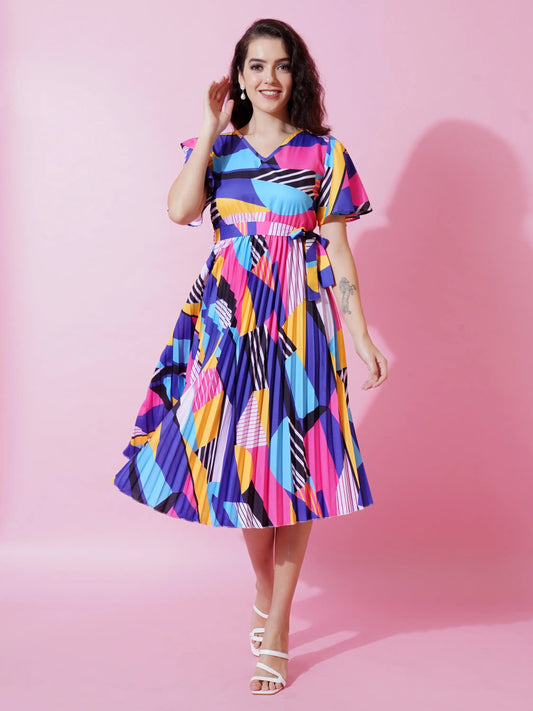 ZWERLON Polyester Printed Midi Women's Fit & Flare Dress - Blue ( Pack of 1 )